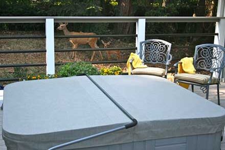 Sunbrella spa cover and deer near deck
